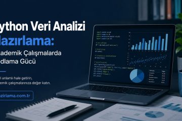 Turkish tech banner: 'Python Veri Analizi Hazırlama' headline with blue 'Hazırlama:' text; laptop screen shows code and charts on a dark desk.