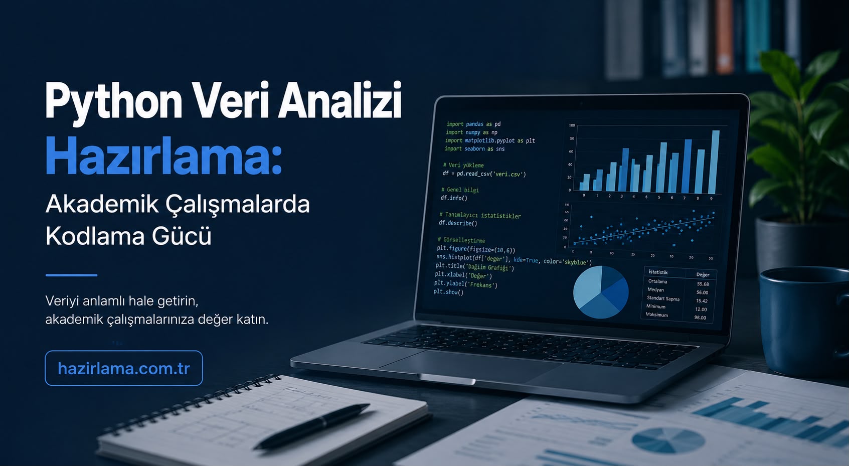 Turkish tech banner: 'Python Veri Analizi Hazırlama' headline with blue 'Hazırlama:' text; laptop screen shows code and charts on a dark desk.
