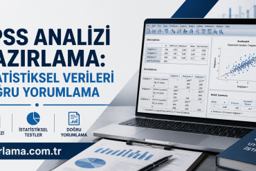 SPSS Analizi Hazırlama - Hazırlamak İstediğiniz Her şey İçin Tek Adres Banner promoting SPSS analysis preparation in Turkish: 'İstatistiksel Verileri Doğru Yorumlama' with a laptop showing SPSS charts and a blue-themed desk scene.