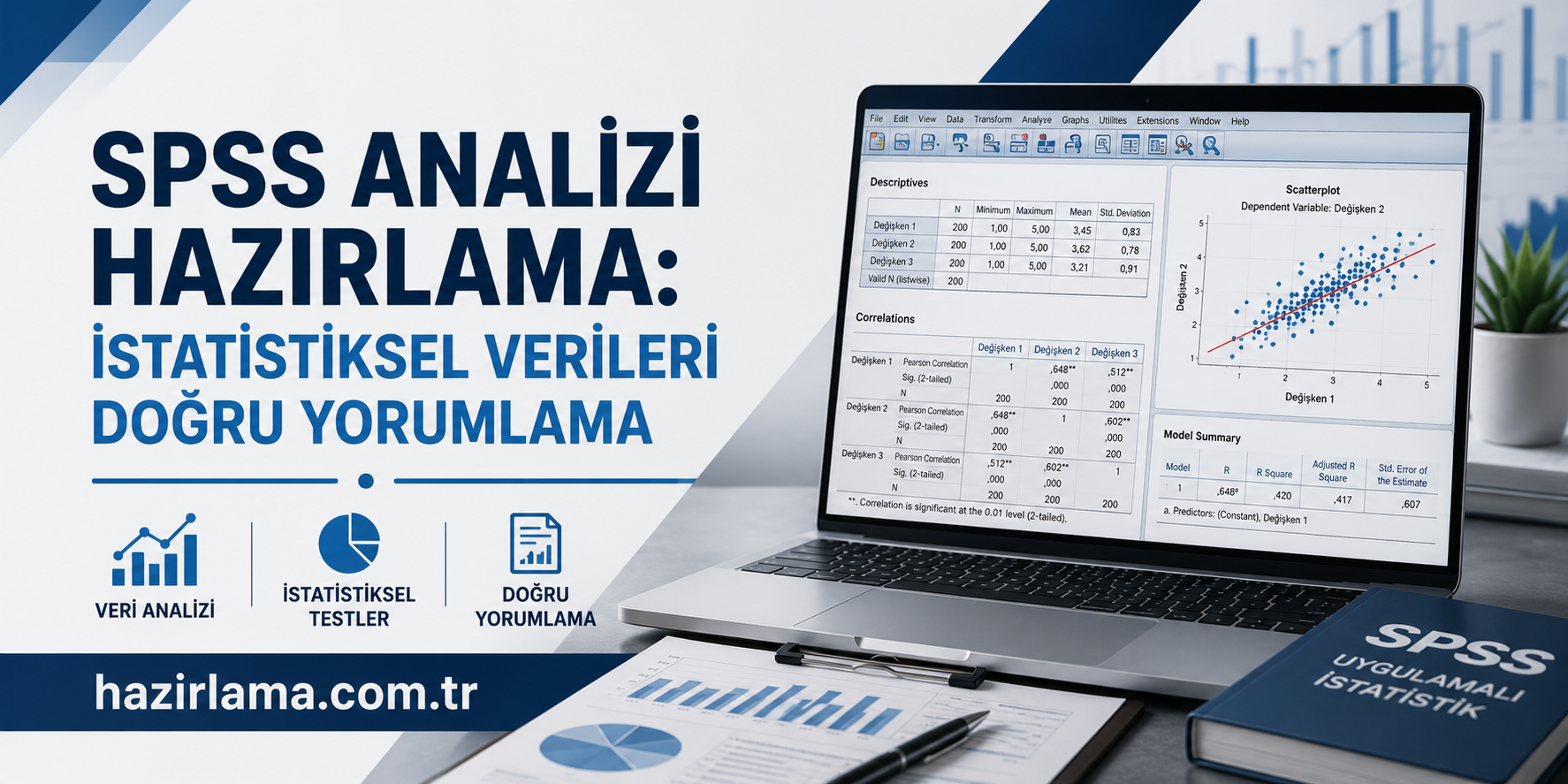 Banner promoting SPSS analysis preparation in Turkish: 'İstatistiksel Verileri Doğru Yorumlama' with a laptop showing SPSS charts and a blue-themed desk scene.